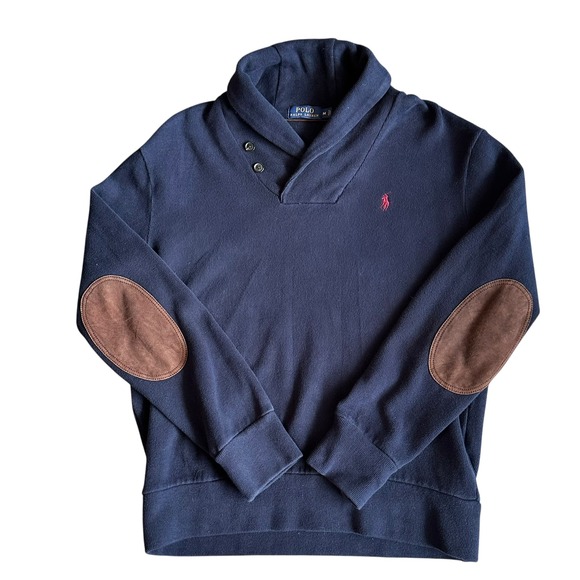 Polo Ralph Lauren Sweater Men's Medium Navy Shawl‎ Collar Pullover Elbow Patches - Picture 2 of 11